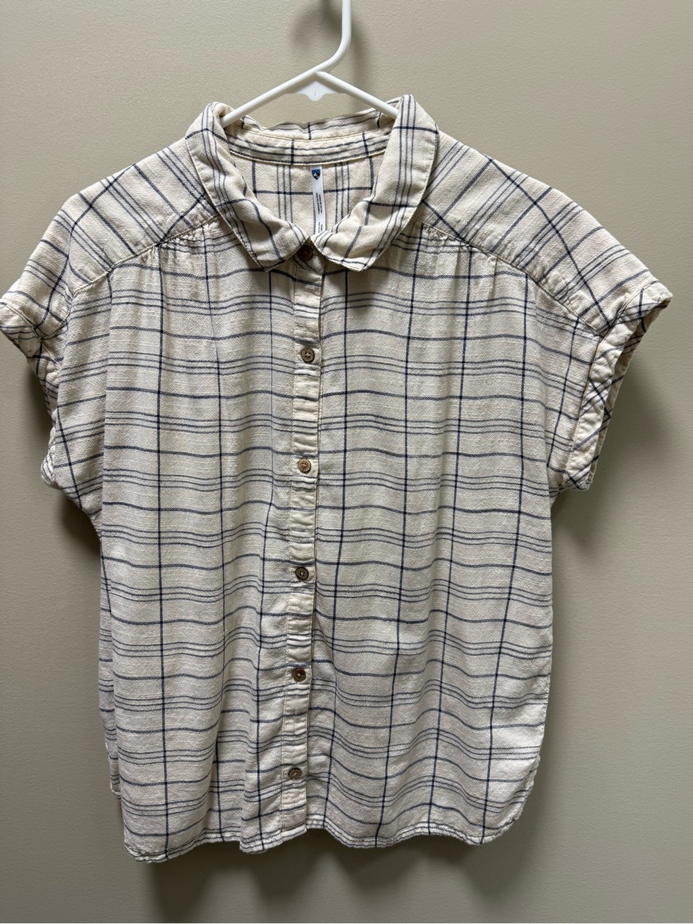 Kuhl Cream Button-Front Short Sleeve Shirt with Navy Windowpane Plaid-Women's